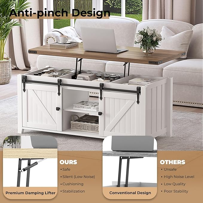 48" Farmhouse Lift Top Coffee Table with Storage, Sliding Barn Door, Large Hidden Compartment, Wooden Lifting Tabletop with Adjustable Shelf for Living Room, Office (White)
