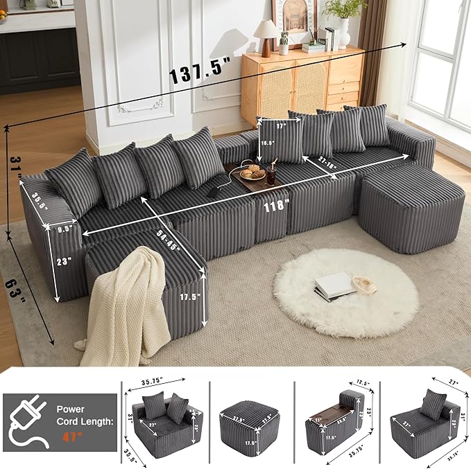 Oversized Cloud Modular Sectional Sofa Boneless Couch with Movable Ottomans,Free Combination Memory Foam Floor Couch with Charging Port & Cup Holders for Living Room | Coffee Table Board, Wireless Charge, No Assembly