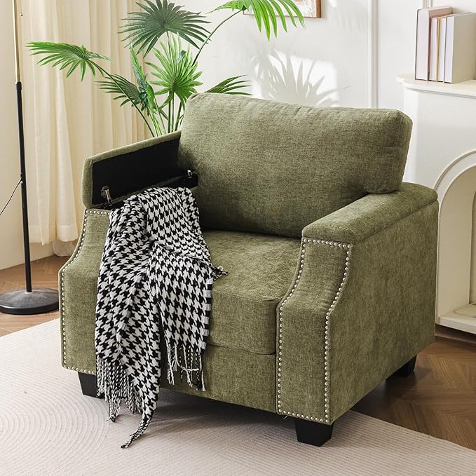 Oversized Accent Chair with Seat Storage,Comfy Living Room Chairs with Armrest Organizer,Oversize Armchair,Upholstered Big Reading Chair,Single Sofa Chair for Bedroom,Velvet,Green