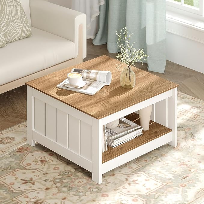 Giantex Farmhouse Coffee Table, 31.5 Inch Square Wood Coffee Table with Storage Shelf, 2-Tier Vintage Center Table with Open Compartment, Rustic Living Room Table for Home Office, Natural