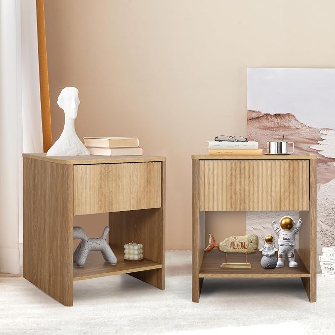 Modern Night Stand Set 2 with Drawer, Boho Nightstand for Bedroom, Small End Table with Storage, Living Room/Bed Side Table with Drawer for Small Spaces, Fluted Cabinet Wood Nightstand by affeivul