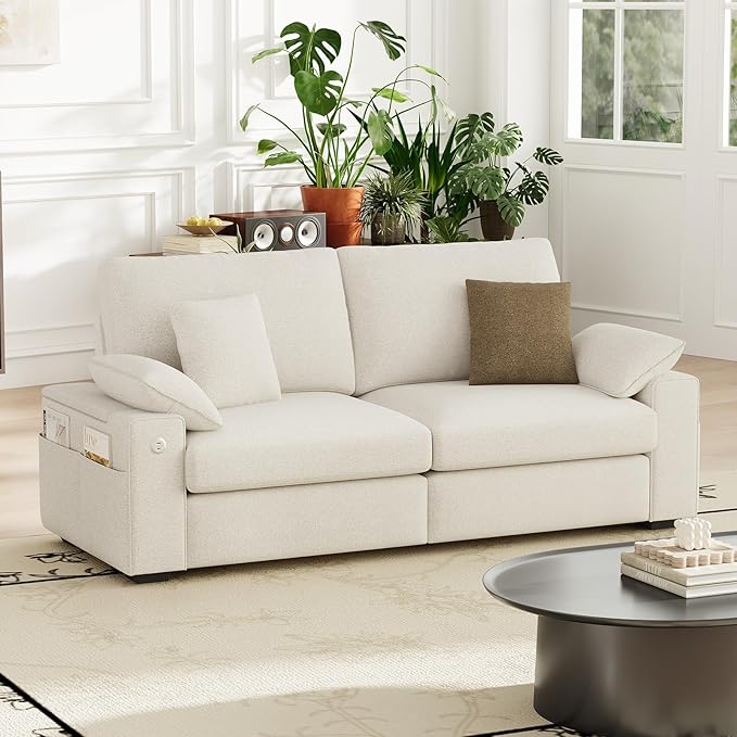 76" Loveseat Couch, 3 Seater Upholstered Midcentury Mondern Love Seat with USB Type C Ports, 4 Pillows and Storage Armrest Cloud Foam Sofa for Living Room/Small Spaces, Beige | Breathable material