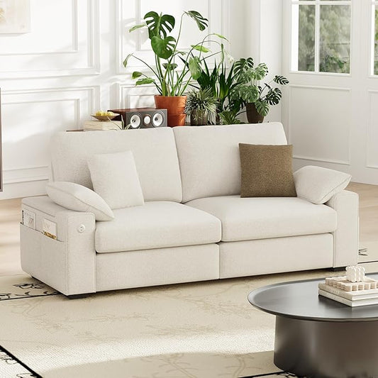 76" Loveseat Couch, 3 Seater Upholstered Midcentury Mondern Love Seat with USB Type C Ports, 4 Pillows and Storage Armrest Cloud Foam Sofa for Living Room/Small Spaces, Beige | Breathable material
