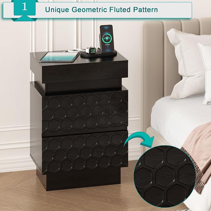 Modern Led Nightstand with Charging Station Set of 2, Geometric Fluted Night Stand, 3 Drawer Bedside Table with Led Lights, Wooden Side Table with Drawers for Bedroom, Living Room, Black - Image 4