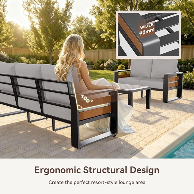 Aoxun Aluminum Patio Furniture Set, 7 Seats Luxury Metal Patio Conversation Sets with Coffee Table, Thick Cushions and Waterproof Cover, Modern Outdoor Furniture Set for Backyard/Poolside, Light Grey