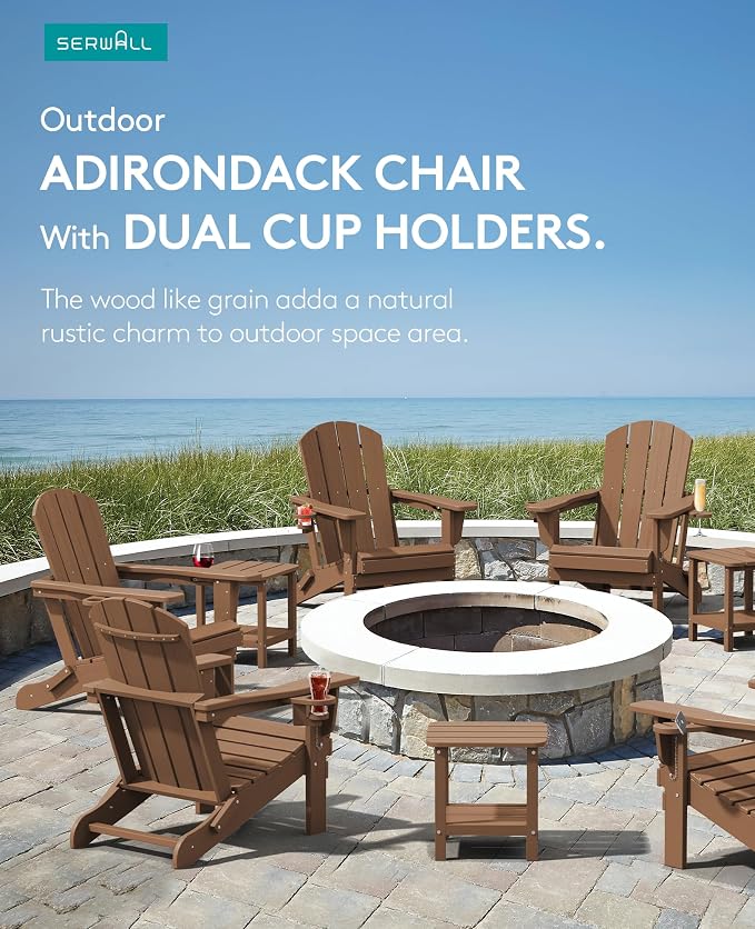SERWALL Adirondack Chair with Cup Holders - Composite Adirondack Chairs HDPE Outdoor Chairs All Weather Use- Brown - Image 6