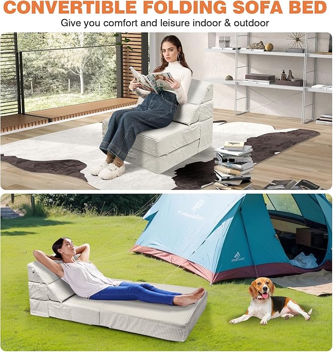 Comfy Foldable Sofa Bed - Convertible Sleeper Sofa Fold Out Sofa Bed Folding Chair Couch for Living Room Bedroom Guest, Floor Chairs Lounger Mattress Folding Sofa Bed with Back Support, Beige