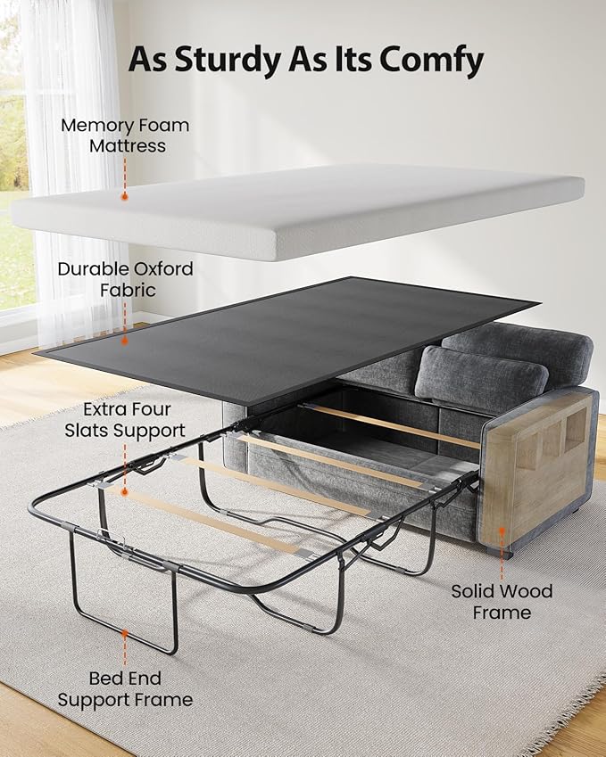 Marsail Pull Out Sofa Bed, Queen Size Sleeper Sofa with Memory Foam Mattress, 2 USB Charging Ports & Removable Covers, Chenille Loveseat Couch for Living Room, Apartment, Light Grey