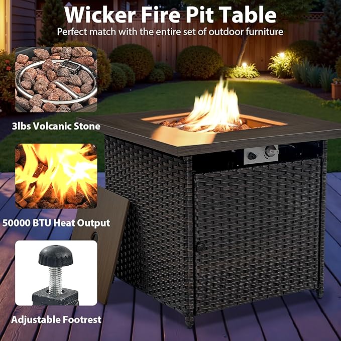Outdoor Swivel Rocker Chairs Set of 4 with Fire Pit Table - 5 Peice Wicker Patio Furniture Set Conversation Set with 50,000 BTU Fire Pit for Deck Backyard - Brown Wicker Beige Cushion