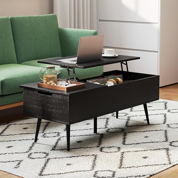 Tangkula Lift Top Coffee Table, Mid Century Modern Center Table with Split Top & 2 Hidden Compartments, Rectangle Accent Table with Tapered Metal Legs for Living Room (Black)