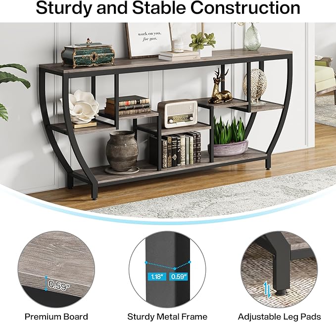LITTLE TREE 70.9 Inch Long Sofa Table with Shelves, Rustic Console Table with Storage, Industrial Entryway TV Stand, Behind Couch Table Accent Tables for Living Room, Hallway, Foyer