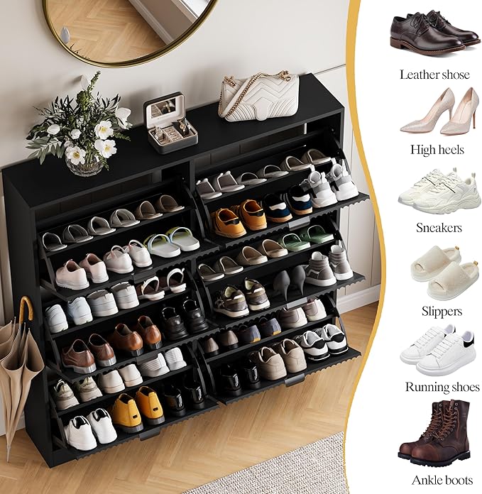 HUANLEGO Shoe Cabinet Storage for Entryway with 6 Flip Drawers, Black Fluted Shoe Cabinet with Adjustable Shelves, Wooden Hidden Shoe Rack Freestanding Narrow Slim Shoes Storage for Hallway, Entrance - Image 4