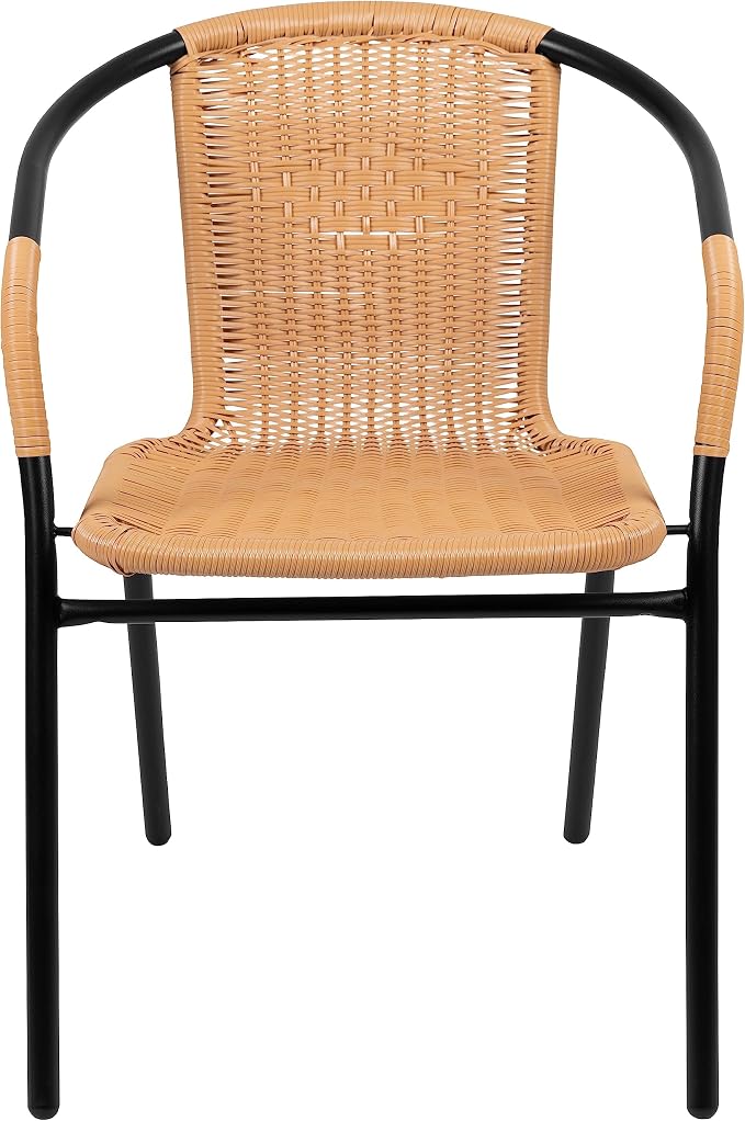 EMMA + OLIVER Set of 4 Modern Rattan Indoor/Outdoor Stack Chairs, Stacking Rattan Patio Chairs with Curved Back and Cross Bracing, Beige - Image 7