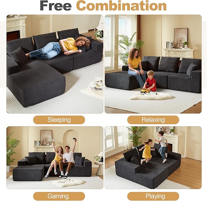 109.4" Oversized Modular Sectional Sofa with Chaise, Convertible L Shaped Cloud Couch with Deep Seat, 35D Full Foam Compressed Boneless Couches for Living Room, Bedroom, Office, No Assembly Required