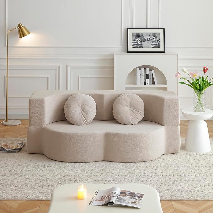 KEIKI 2-in-1 Folding Sofa Bed with Pillow, Queen Sleeper Sofa, Floor & Futon Loveseat Couch, Foam Folding Mattress for Living Room, Guest Use, Office, Apartment, No Assembly Required, Beige