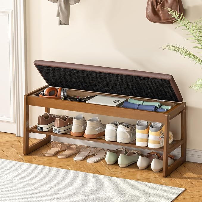 Shoe Storage Bench with Cushion - 2-Tier Shoe Rack Entryway Bench with Flip-Top Storage, Walnut Wooden Shoes Benches Organizer for Entryway, Hallway, Living Room, Bedroom, Closet(Walnut, 39.4" W) by PureLoom