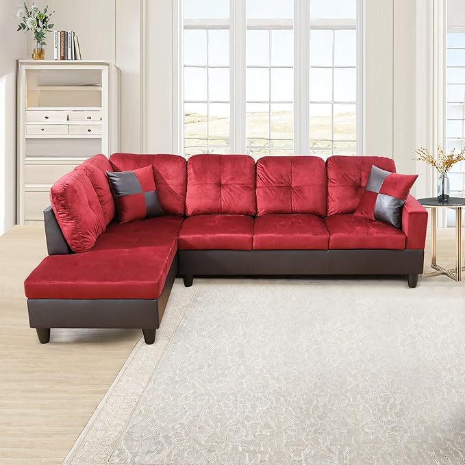 NicBex L Shaped Couch Sectional Couches for Living Room Morden Sofa Couch Upholstered Futon Sofa Bed with Chaise and Back Cushions for Reception Room and Apartment, Red and Black