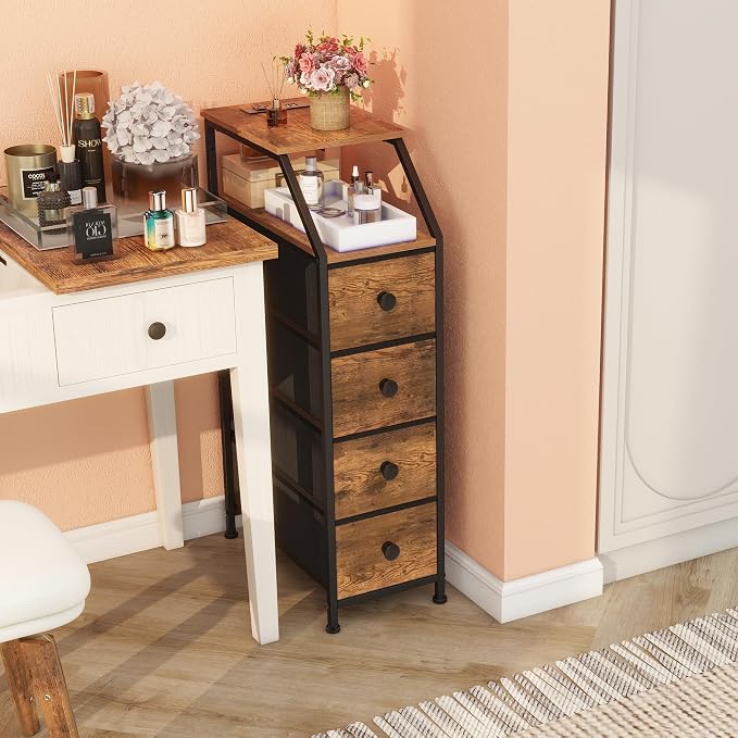 Tohomeor Narrow Dresser Tall Skinny Storage Tower Vertical Slim Chest of Drawers with Charging Station Small Nightstand Side Table for Bedroom, Bathroom, Small Spaces (Rustic Brown, 4 Drawers) - Image 2