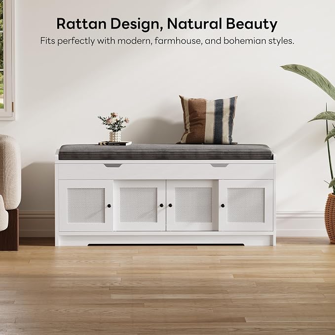 LIKIMIO 47.2" Shoe Bench with Lift Top Storage, Entryway Bench with Cushioned Seat, 2-Tier Rattan Shoe Cabinet with Adjustable Shelf, Storage Bench for Bedroom, Living Room, Hallway, White - Image 6