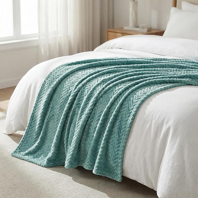 Exclusivo Mezcla Twin Blanket for Bed, Cozy Lightweight Fleece Blankets for All Season, Decorative Giftable Fuzzy Plush Wave Textured Suitable for Women, Men, Celadon, 90x66 Inches