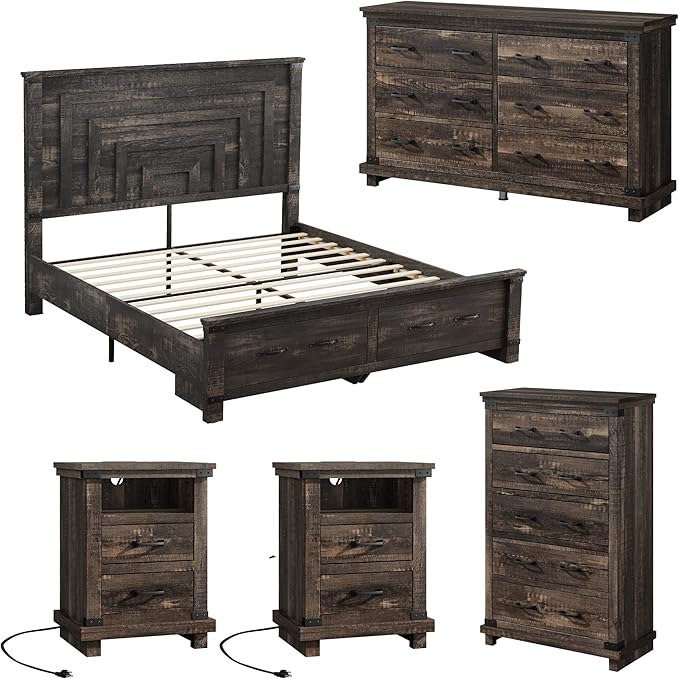 AMERLIFE 5 Pieces Farmhouse Bedroom Set, Includes Rustic Full Bed Frame with 54" Tall Headboard, 6 Drawer Dresser, 5 Drawer Tall Chest, Nightstands Set of 2 with Charging Station, Black Oak