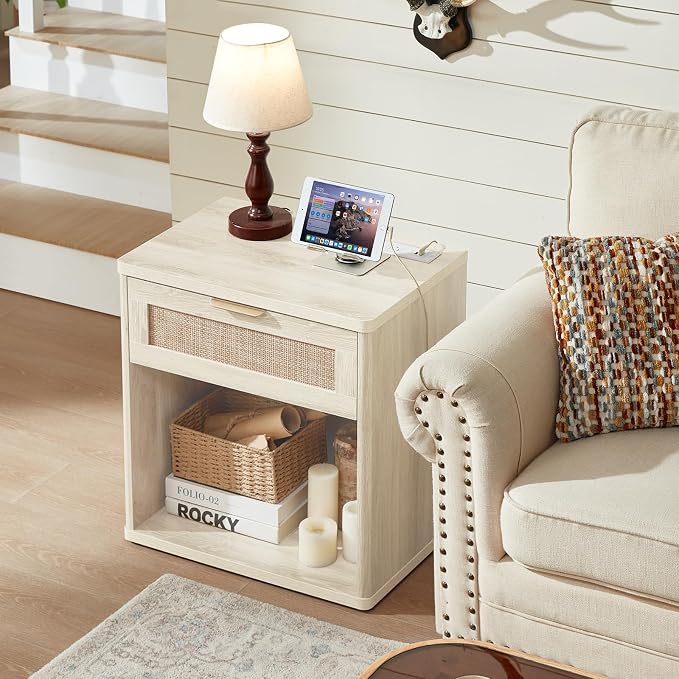 LEYAOYAO Rattan Nightstand with Charging Station, 23" Wide Boho Night Stand with Drawer, Grey White Bedside Table Open Storage Cabinet, Bed Side End Tables Dresser for Bedroom, Living Room, Hallway - Image 8