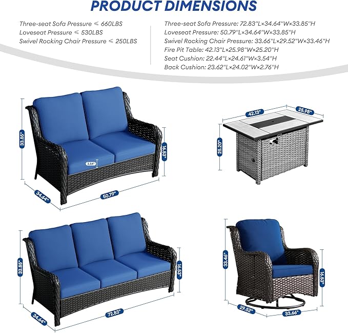 HOOOWOOO Patio Outdoor Furniture with Large Fire Pit Table,High Back 6 Piece Wicker Patio Conversation Set with Swivel Chairs,7 Person Couch Sofa Seating,Navy Blue