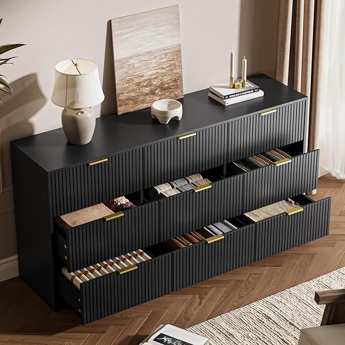 MAISONARIA 3-Piece Dresser Bedroom Set, 9 Drawer Dresser & 2 Drawer Nightstands with Gold Handles, Fluted Wood Chest of Drawers for Bedroom, Living Room, Entryway, Black