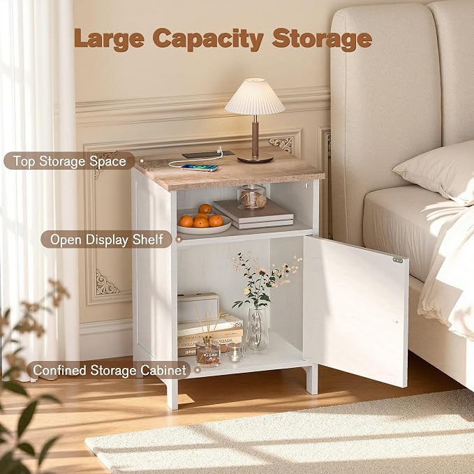 Nightstands Set of 2 with Charging Station, Farmhouse Night Stand with Open Shelf, Bedside Tables with Enclosed Cabinet, Wooden End Table with USB Ports & Outlets for Bedroom - Image 6