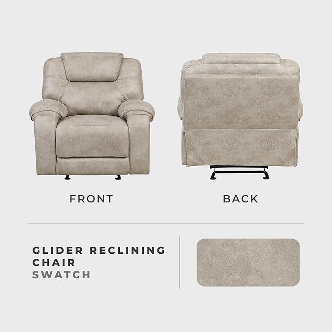 Lexicon Manual Glider Recliner Chair, Polished Microfiber Upholstered Manual Tab Pull Reclining Nursery Chair for Living Room, Pillow Top Armrest, Padded Headrest, Easy Assembly, Pewter