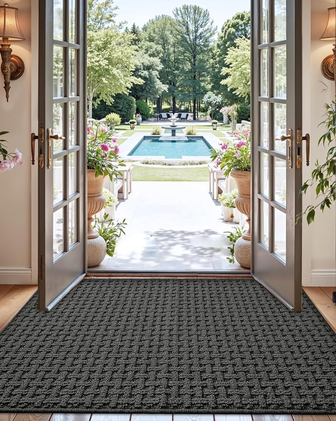 DEXI Front Entryway Door Mat Non Slip 48x72, Large Double Entry Way Mats Inside Entrance Low Profile, Welcome Doormat Dirt Trapper for Garage House Floor Home Porter Hall Backdoor Area, Dark Grey - Image 3