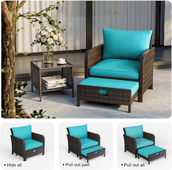 LEVELEVE Patio Conversation Set 5 Piece, Balcony Furniture Outdoor PE Rattan Wicker Lounge Chairs with Soft Cushions, 2 Ottomans & Glass Table for Porch Lawn, Brown (Lake Blue Cushions