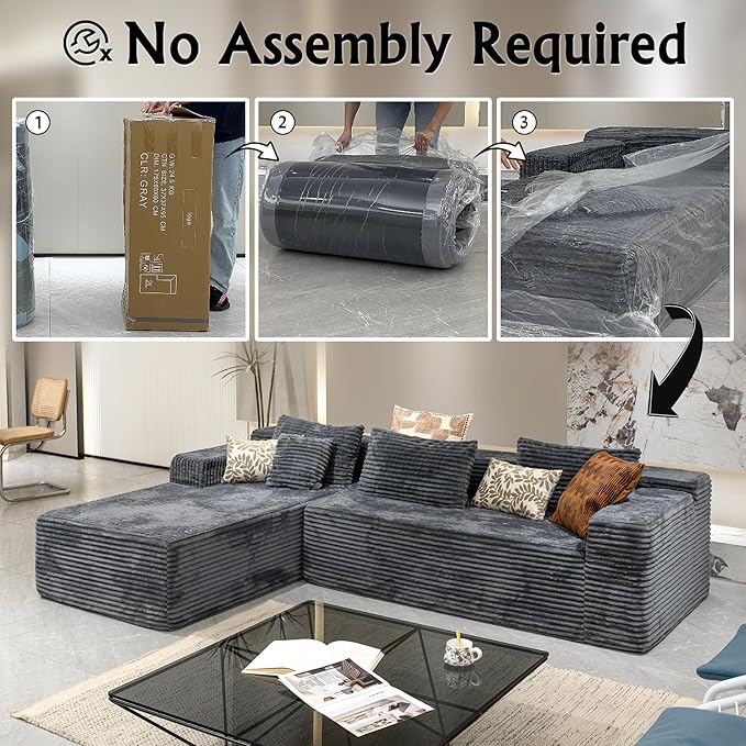 Grey sectional couches for Living Room-Corduroy Couch，104" Cloud Sectional Couch with L-Shape Chaise， Modern Modular Sofa, Deep Seat Comfort, No Assembly Required(Plush Corduroy Fabric)