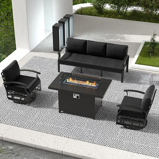 Aluminum Outdoor Patio Furniture Set,4 Pieces 5 Seats Patio Conversation Sets with 45" Propane Fire Pit Table,Metal Patio Sectional Furniture Set with 2 Swivel Rocking Chairs,Black