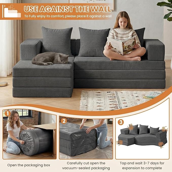 Modular Sectional Sofa, Boneless Convertible Oversized Sleeper Sofa Bed, Modern Tri-Folding Cloud Couch with L-Shape Chaise, Corduroy Futon Couches for Living Room Small Spaces Apartment,No Assembly