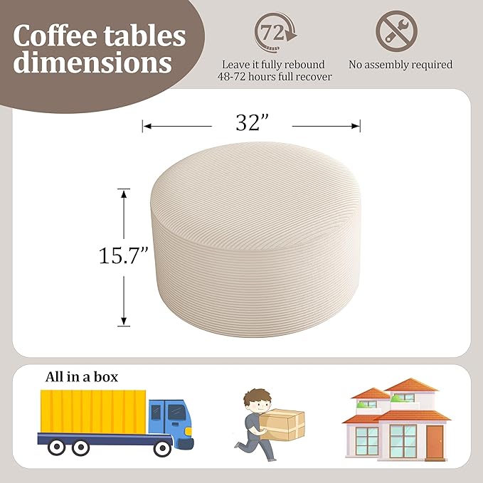 Coffee Table 32”Ottoman for Couch Plush Corduroy Memory Foam Footstool Cloud Boneless Sectional for Living Room Round Side Table Cushiong No Assembly Makeup Desk (Beige, 32")
