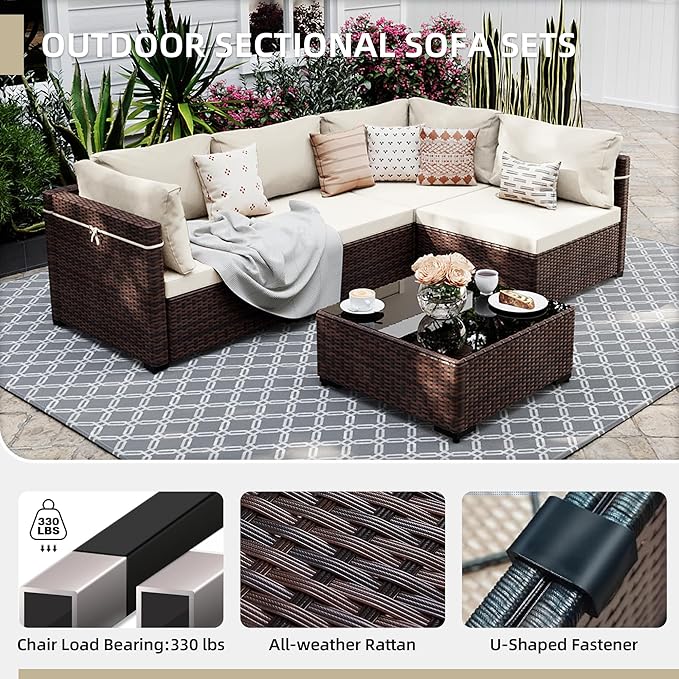 UPHA 5 Pieces Patio Furniture Sets, Wicker Outdoor Sectional Sofa Couch with Coffee Table, Patio Conversation Set for Deck Backyard Garden, Brown Rattan, White Cushion