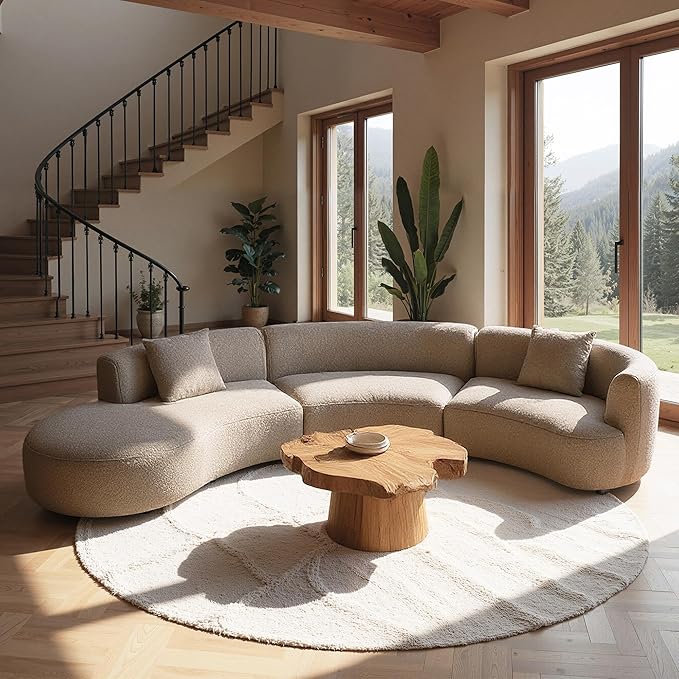 Acanva Modern Curved Sectional Living Room Couch, Minimalist Comfy Boucle Fabric Modular Sofa for Apartment, Home Office, 153" W Left Hand Facing, Light Coffee