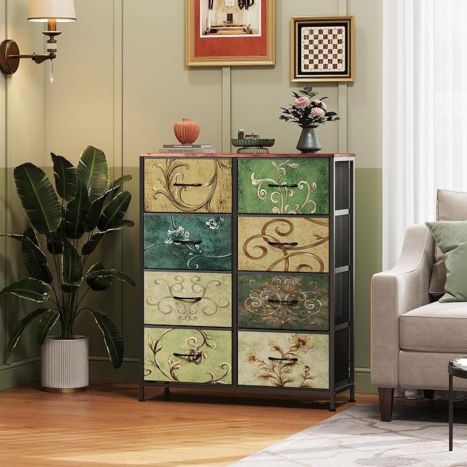 WLIVE Tall Fabric Dresser with 8 Drawers, Storage Tower with Fabric Bins, Double Dresser, Chest of Drawers for Closet, Bedroom, Living Room, Hallway, Dorm, Floral Painted - Image 2