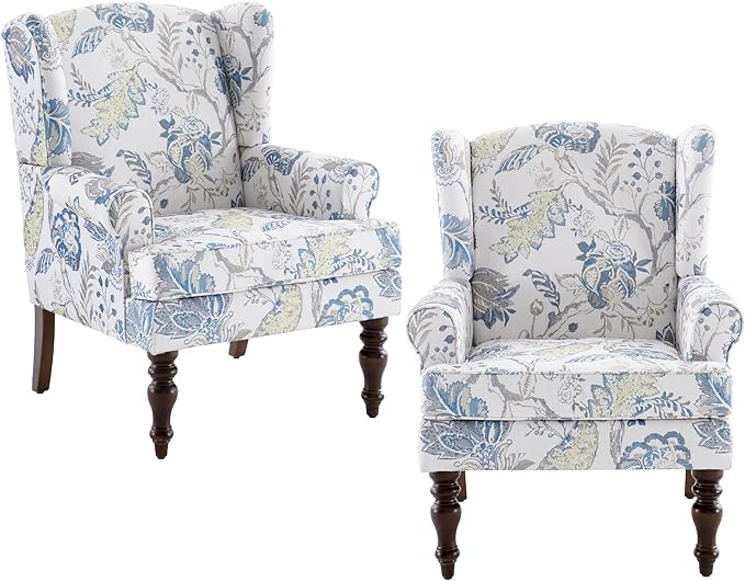 HUIMO Printed Wingback Accent Chair, Linen Upholstered High Back Armchair, Comfy Reading Chair for Living Room Bedroom Study, 300lbs Weight Capacity (2, Blue Floral)