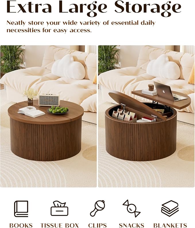 Fluted Round Lift Top Coffee Table with Storage, 31.5" Walnut Small Circle Wood Center Table for Living Room