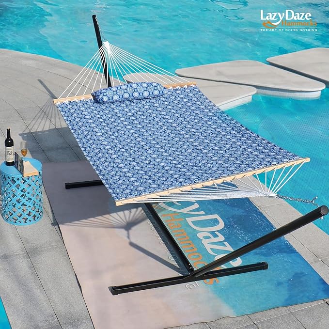 Lazy Daze Hammocks 12FT Quilted Fabric Hammock with Soft Pillow, Double 2 Person Tree Hammock with Spreader Bar for Outdoor Patio Backyard Poolside, 450lbs Weight Capacity, Blue Floral - Image 6