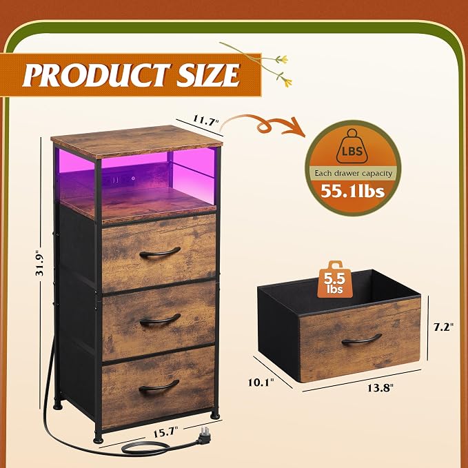 WLIVE Nightstand with Charging Station, 31.9" H Nightstand with 3 Fabric Drawers, LED Bedside Table with USB Ports and Outlets, End Table for Dorm, Bedroom, Entryway, Rustic Brown - Image 3