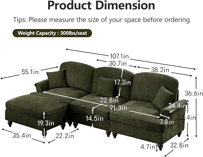 KEIKI Mid Century Modular Sofa with Flared Arms and Skirted Design, 107” Oversized 3-Seater with Ottoman Luxury Chenille L-Shaped Sectional Couches for Living Room, Chaise Lounge Indoor, Green