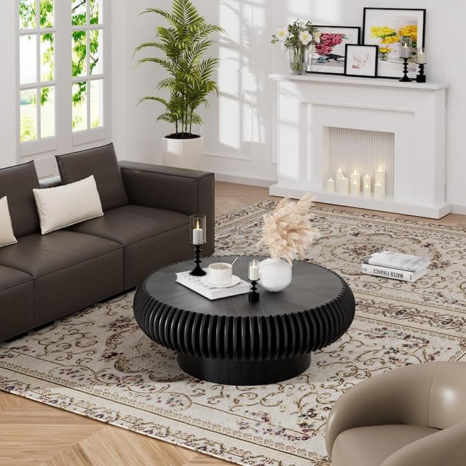 Round Drum Coffee Table Modern Unique Circle Drum Coffee Tables Mid Century Coffee Table with Sturdy Pedestal Fluted Tea Table for Living Room Office Small Space(Black 31.5in)