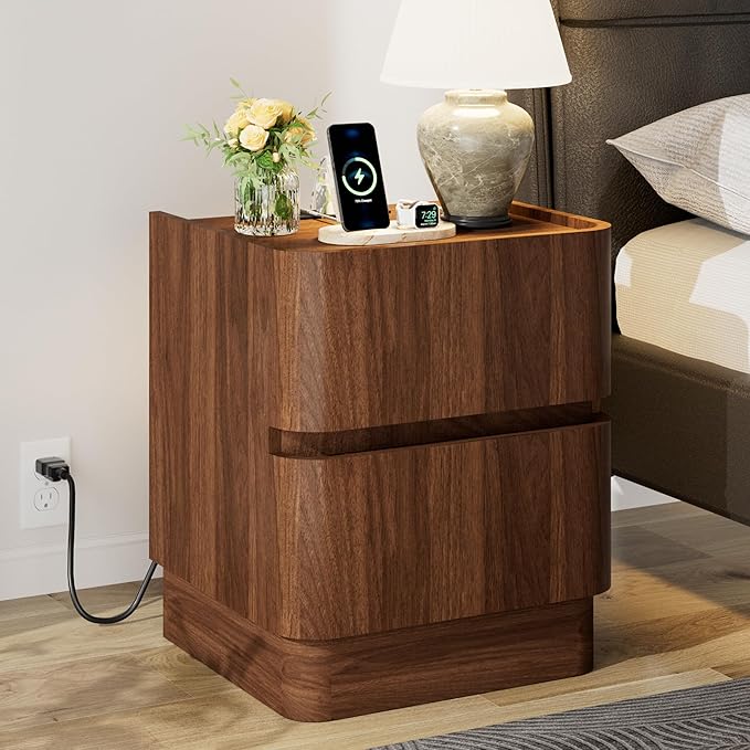 Handleless Night Stand with Charging Station, 2 Drawer Modern Nightstand with Rounded Corners Design, Wooden End Table w/Storage, Bedside Table for Bedroom Sofa Home Office, Walnut by FavourLife