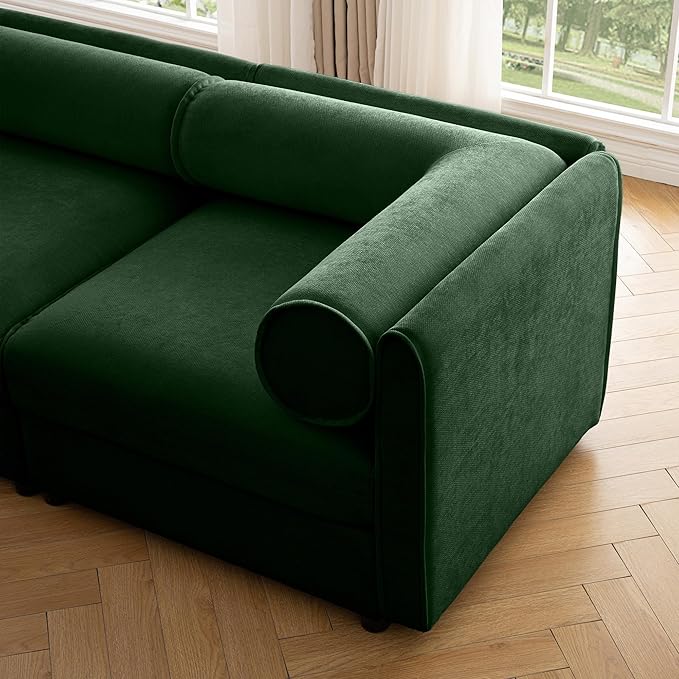 KEIKI 109" L-Shaped Modular Chenille Sectional Sofa with Storage Seat, 1 Ottoman, 3-Seater Couch with Cylindrical Backrest and Armrests, Easy Assembly, for Apartment, Living Room, Green