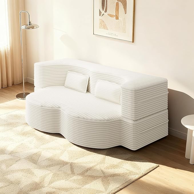 78" Convertible Sofa Bed, 2-in-1 Folding Floor Couch with 2 Pillows, Sleeper Sofa for Living Room and Bedroom, No Assembly Required (Beige, Corduroy Fabric)