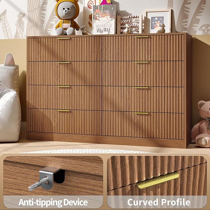 Dresser for Bedroom Set of 2, Large Dresser with 16 Drawers, Fluted Modern Bedroom Furniture Set, TV Stand Dressers & Chests of Drawers for Closet, Natural Wood(15.7" D x 110.2" W x 36" H)