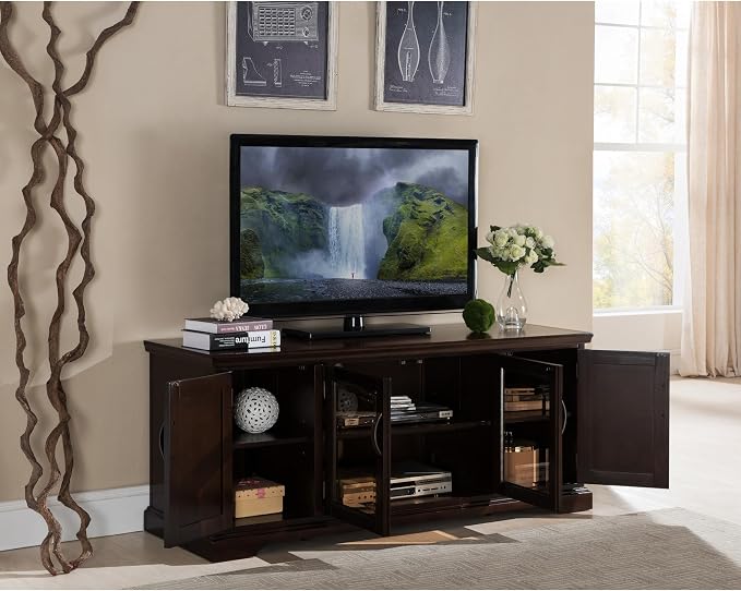 Leick Home 81360 Iverson Three Door TV Stand for 65 Inch TVs, 60 Inch, Chocolate Cherry Brown, Hardwood with Bronze Glass, Adjustable Shelves, Wood Entertainment Console - Image 2
